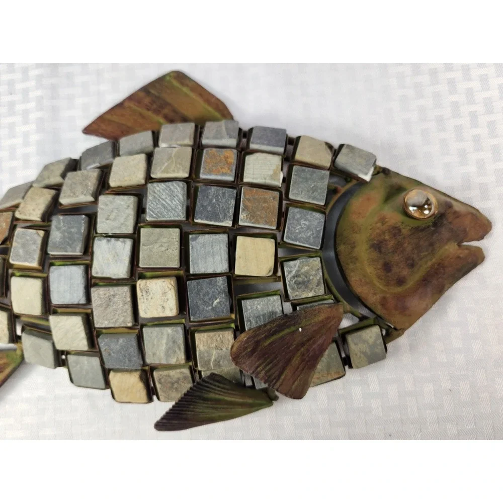 Metal Mosaic Fish Decorated with Inlaid Mosaic Stone Tiles 18x11